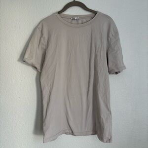 Zara Men's Beige Solid Cotton Crew Neck Knit T-Shirt L Short Sleeve Regular Fit